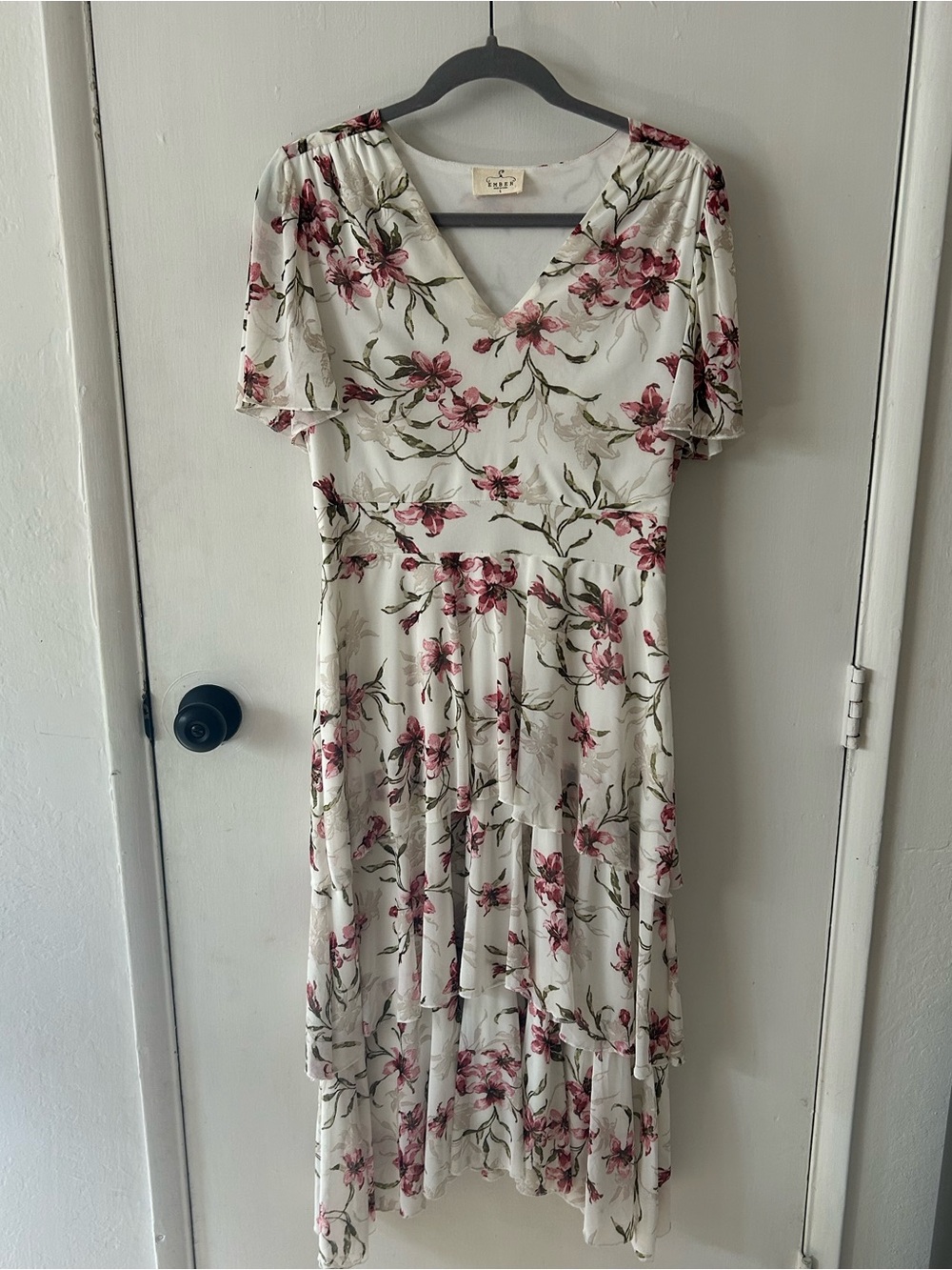 V-Neck Floral Midi Dress in White with Pink Blossoms